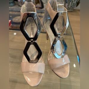 BCBGeneration Cayce Open Toe Metallic Geometric T-Strap Heels - Cream